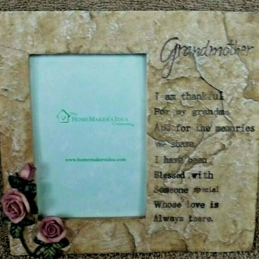 Picture Frame Grandmother Verse Pink Roses 3 1/2 X 5" Picture Antiqued Look T6